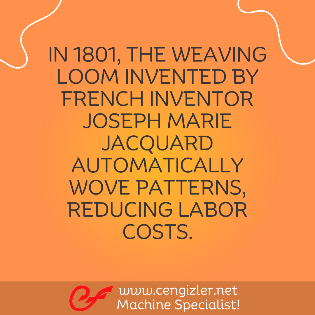 2 In 1801, the weaving loom invented by French inventor Joseph Marie Jacquard automatically wove patterns, reducing labor costs